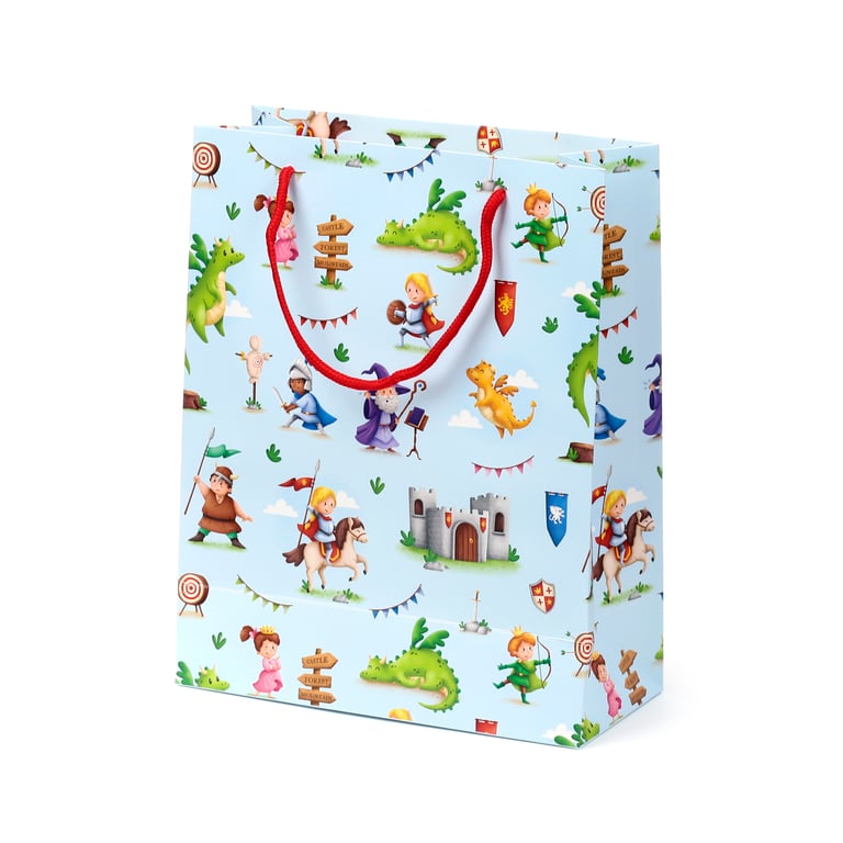 Large Card Gift Bag with Cord Handles - Knights & Dragons Personalized Gift Tag Included
