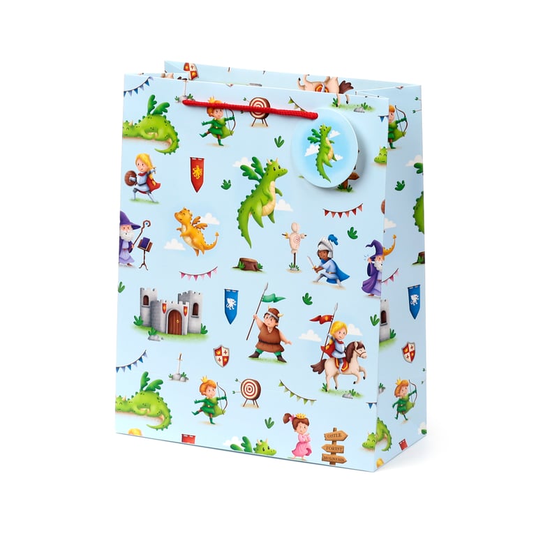 Large Card Gift Bag with Cord Handles - Knights & Dragons Personalized Gift Tag Included