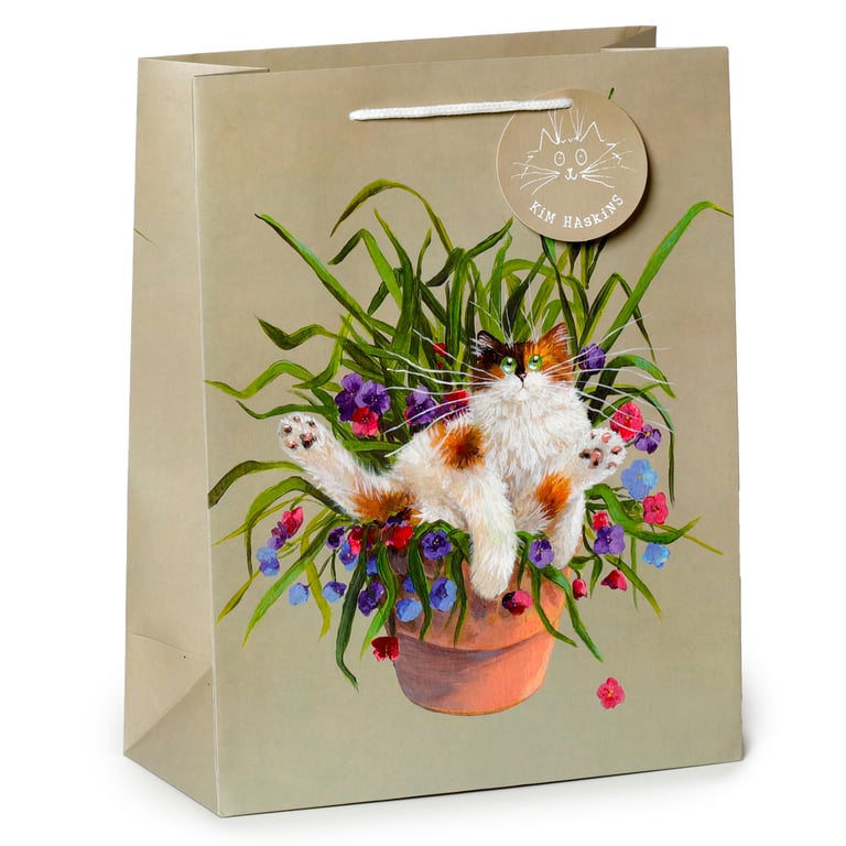 Large Licensed Green Gift Bag with Floral Cat Design and Card Tag