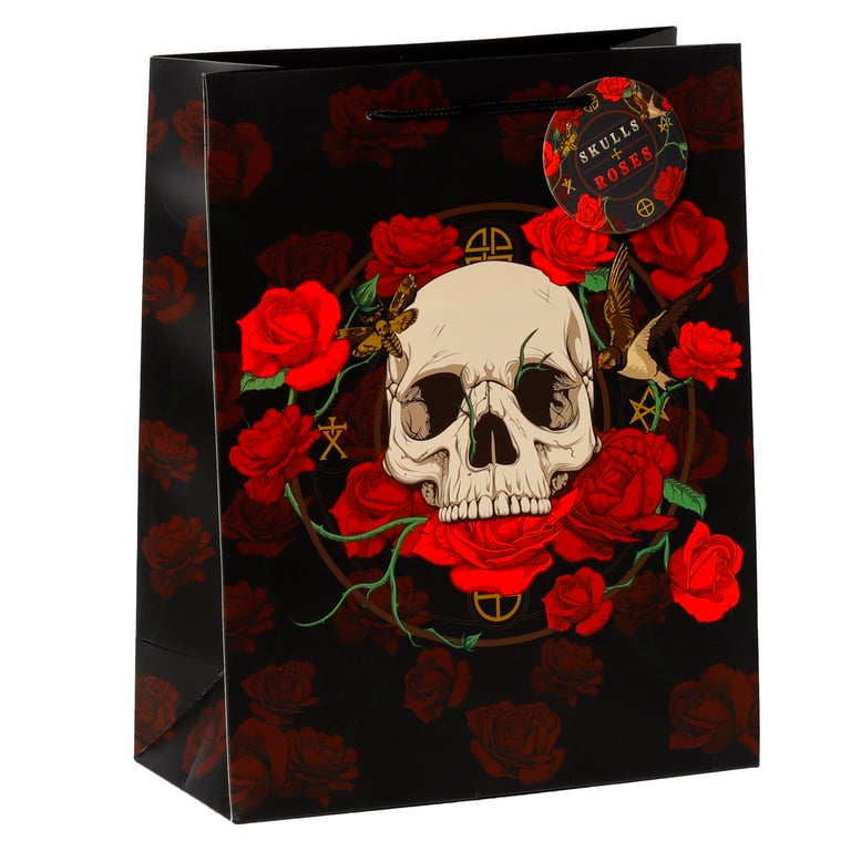 Skull and Roses Large Card Gift Bag with Red Rose Design and Attachable Gift Tag