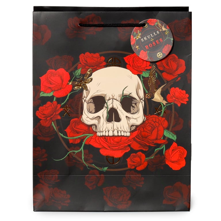Skull and Roses Large Card Gift Bag with Red Rose Design and Attachable Gift Tag