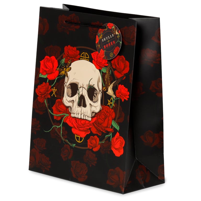 Skull and Roses Large Card Gift Bag with Red Rose Design and Attachable Gift Tag