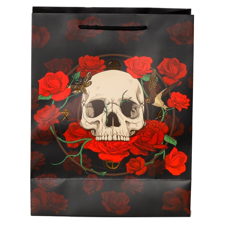 Skull and Roses Large Card Gift Bag with Red Rose Design and Attachable Gift Tag