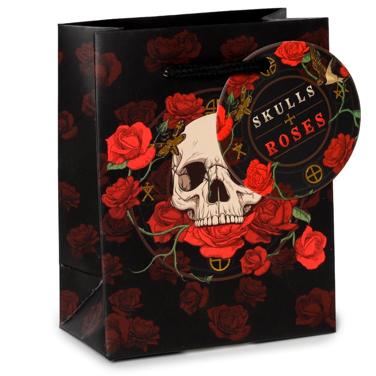 Small Red Roses Gift Bag with Skull Design and Card Tag