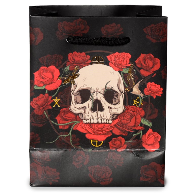 Small Red Roses Gift Bag with Skull Design and Card Tag