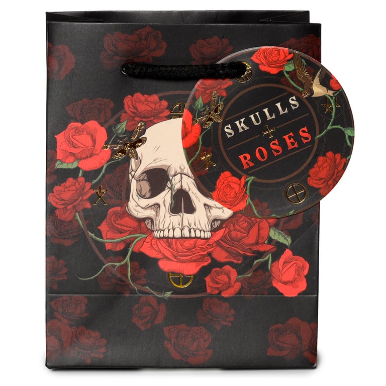 Small Red Roses Gift Bag with Skull Design and Card Tag