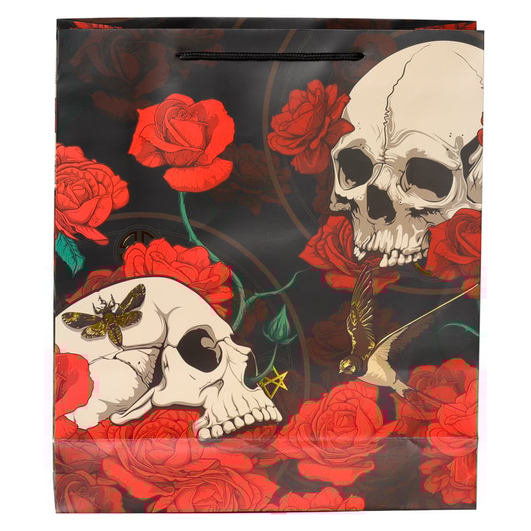 Extra Large Red Roses Gift Bag - Card Material with Skull Design & Cord Handles