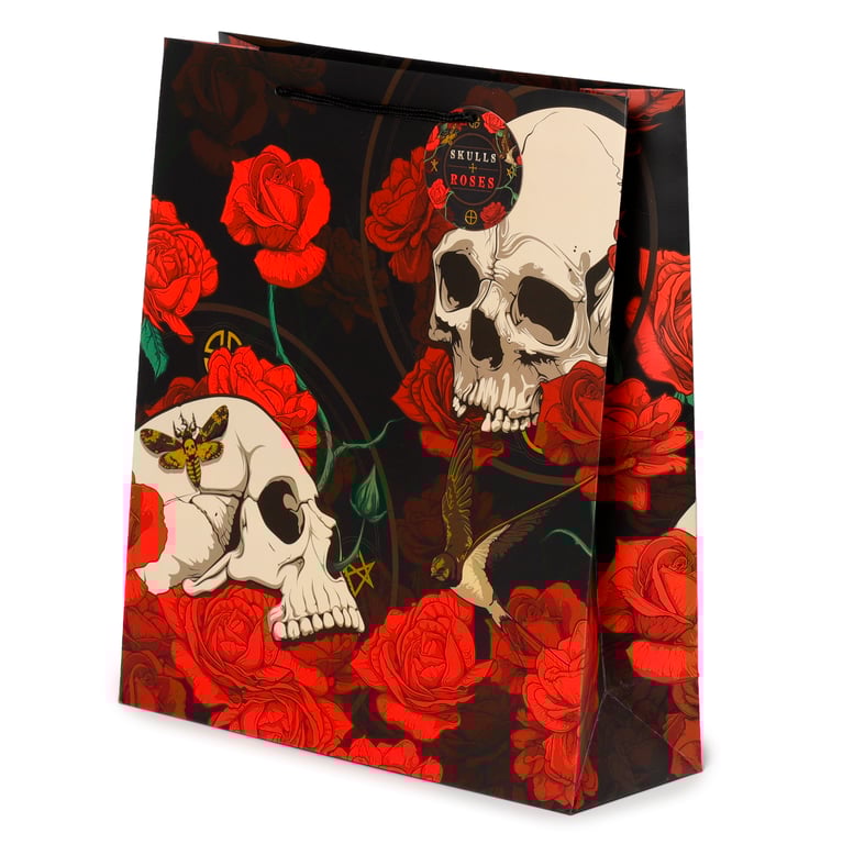 Extra Large Red Roses Gift Bag - Card Material with Skull Design & Cord Handles