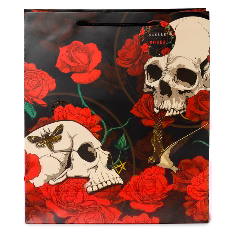 Extra Large Red Roses Gift Bag - Card Material with Skull Design & Cord Handles