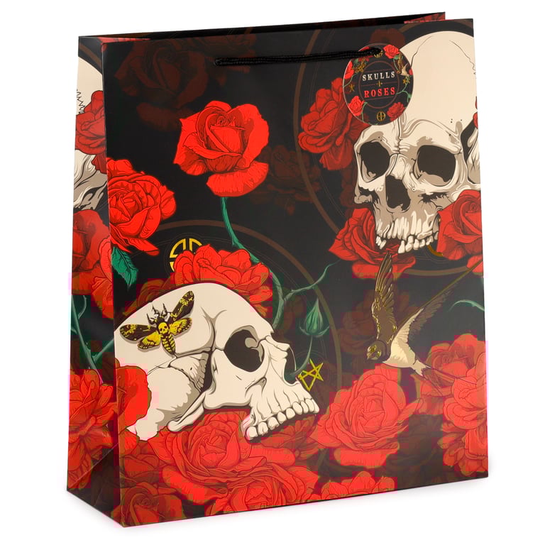 Extra Large Red Roses Gift Bag - Card Material with Skull Design & Cord Handles