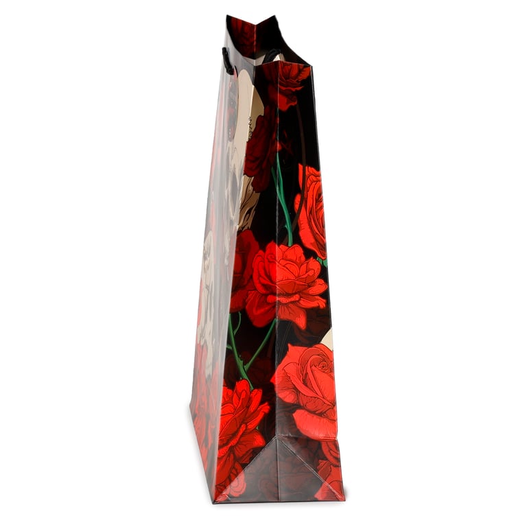 Extra Large Red Roses Gift Bag - Card Material with Skull Design & Cord Handles