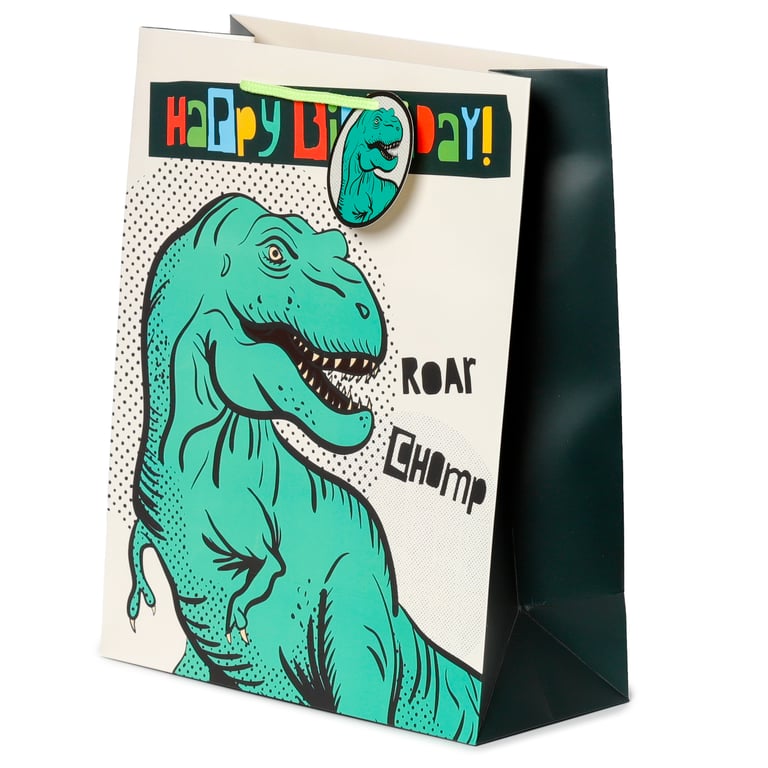 Large Card Gift Bag - Happy Birthday Dinosauria Edition with Attached Tag and Cord Handles
