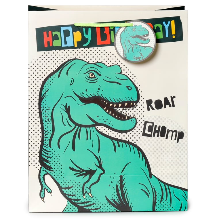 Large Card Gift Bag - Happy Birthday Dinosauria Edition with Attached Tag and Cord Handles