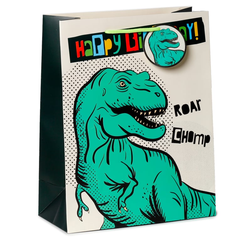 Large Card Gift Bag - Happy Birthday Dinosauria Edition with Attached Tag and Cord Handles