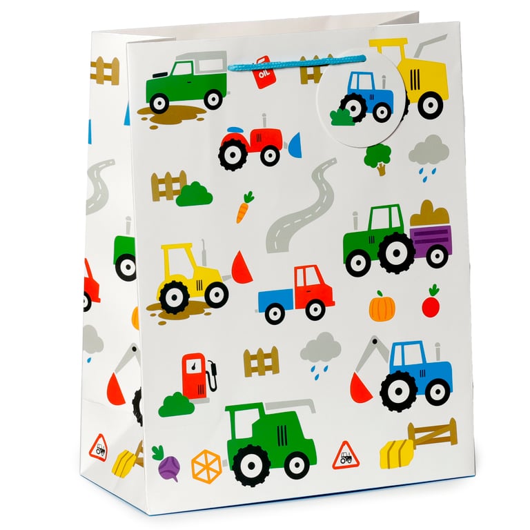 Large Card Gift Bag with Cord Handles - Little Tractors Design