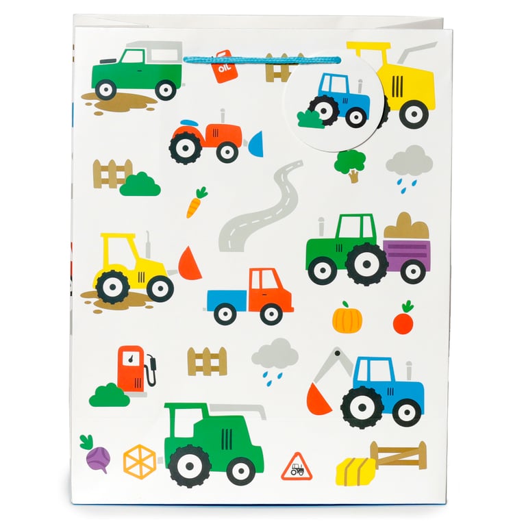 Large Card Gift Bag with Cord Handles - Little Tractors Design