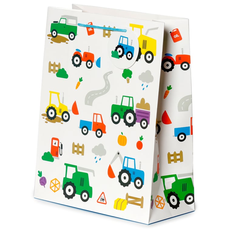 Large Card Gift Bag with Cord Handles - Little Tractors Design