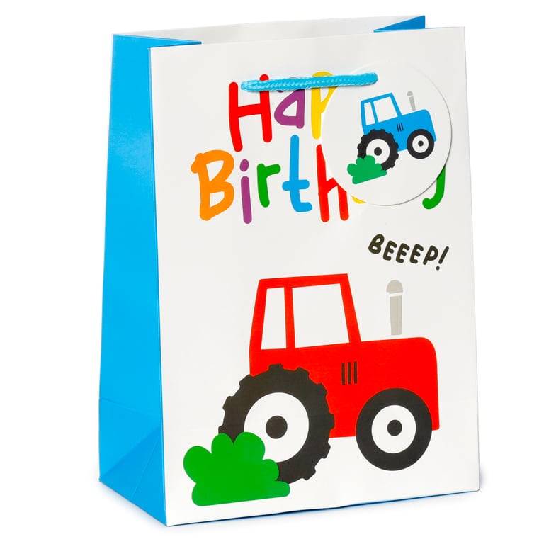 Happy Birthday Little Tractors Medium Card Gift Bag with Cord Handles and Gift Tag