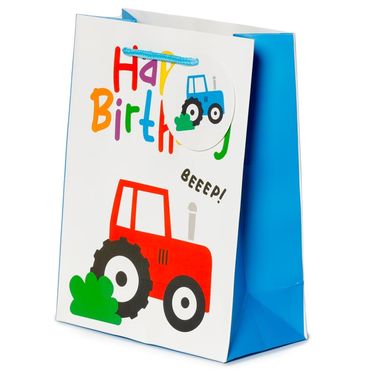 Happy Birthday Little Tractors Medium Card Gift Bag with Cord Handles and Gift Tag
