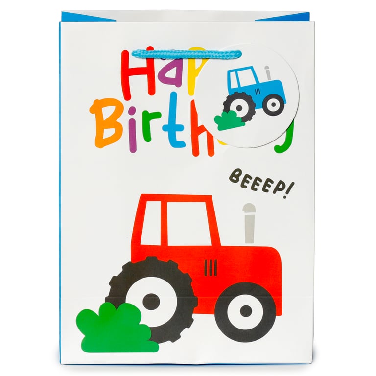 Happy Birthday Little Tractors Medium Card Gift Bag with Cord Handles and Gift Tag