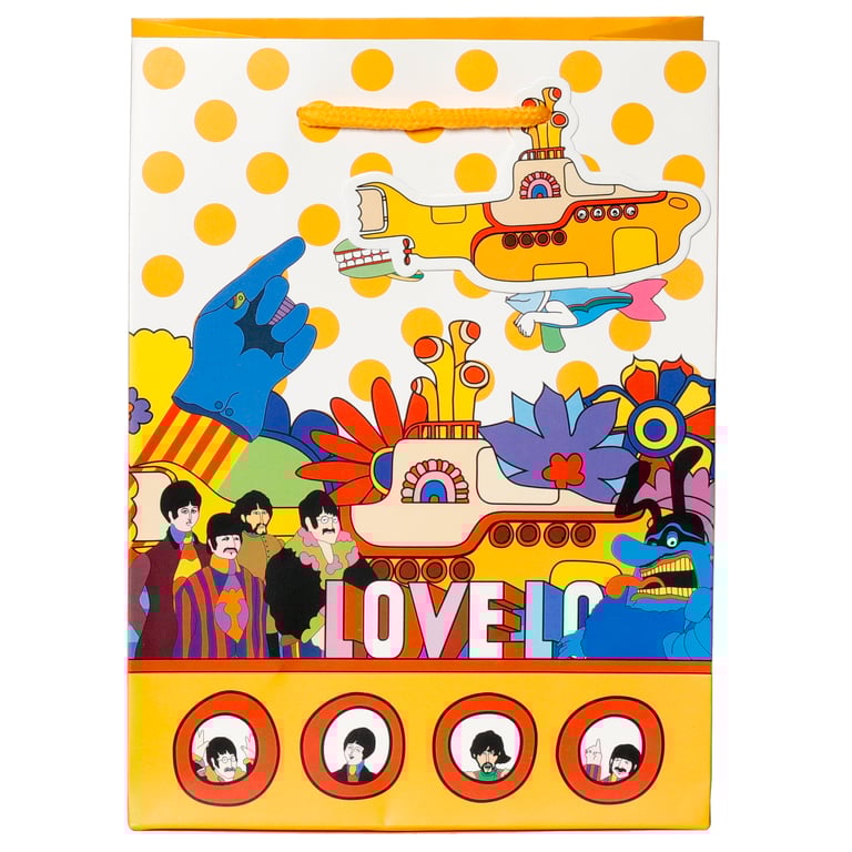 Licensed Beatles Yellow Submarine LOVE Gift Bag - Card Material with Tag and Cord Handles