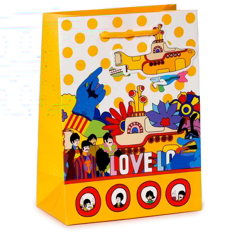 Licensed Beatles Yellow Submarine LOVE Gift Bag - Card Material with Tag and Cord Handles