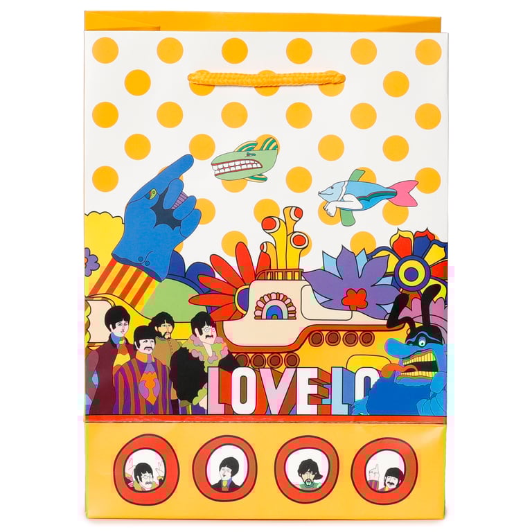 Licensed Beatles Yellow Submarine LOVE Gift Bag - Card Material with Tag and Cord Handles