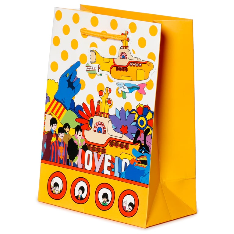 Licensed Beatles Yellow Submarine LOVE Gift Bag - Card Material with Tag and Cord Handles