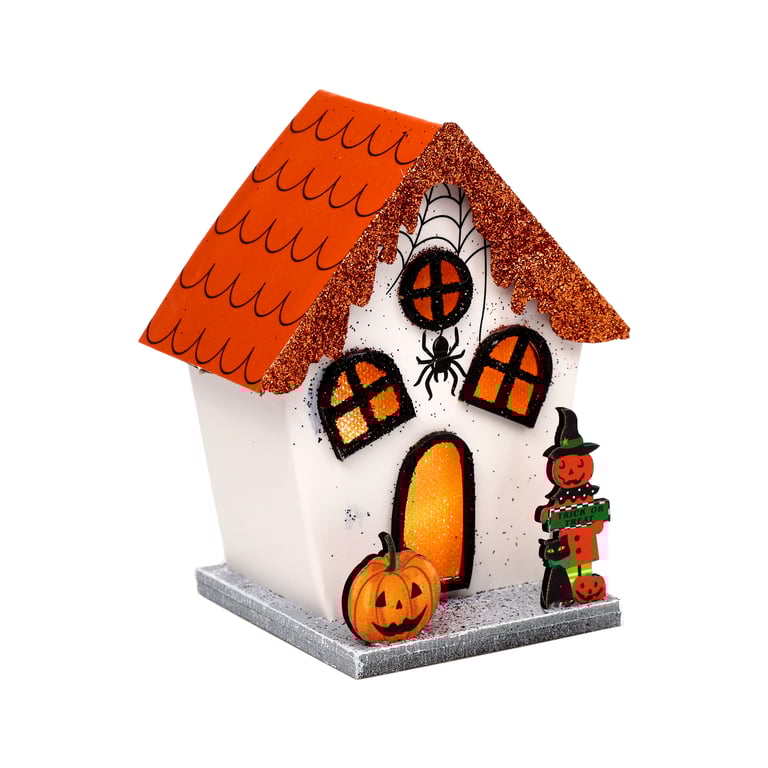 LED Halloween Decoration - Spooky Spider Pumpkin House with Biodegradable Glitter and LR44 Battery Operation