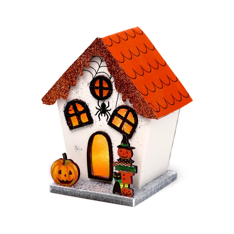 LED Halloween Decoration - Spooky Spider Pumpkin House with Biodegradable Glitter and LR44 Battery Operation