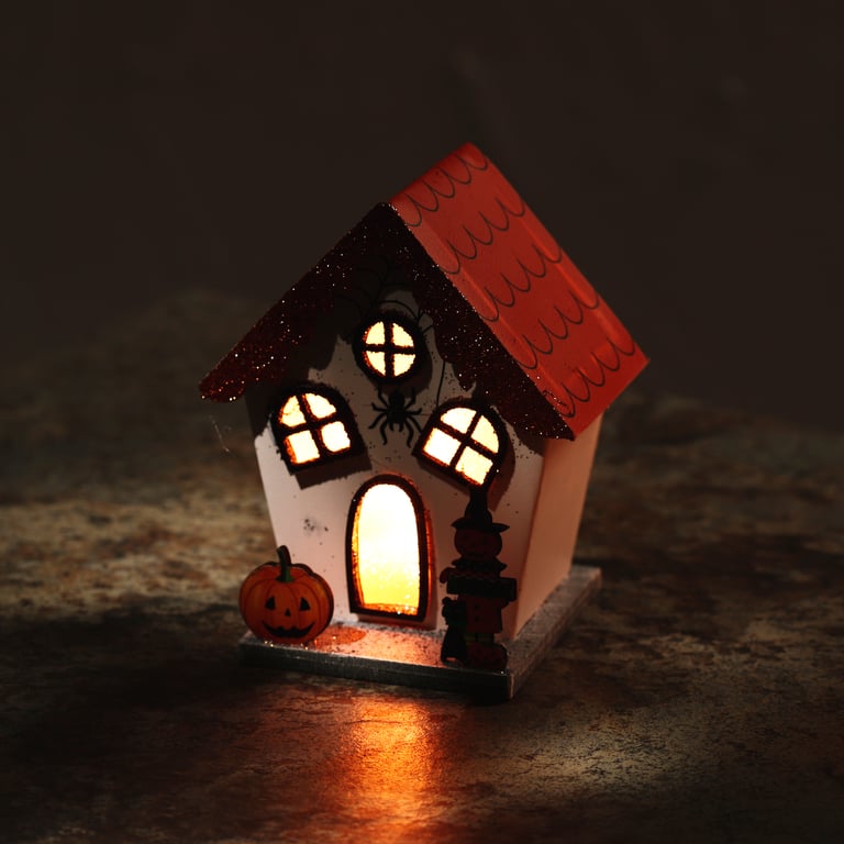 LED Halloween Decoration - Spooky Spider Pumpkin House with Biodegradable Glitter and LR44 Battery Operation