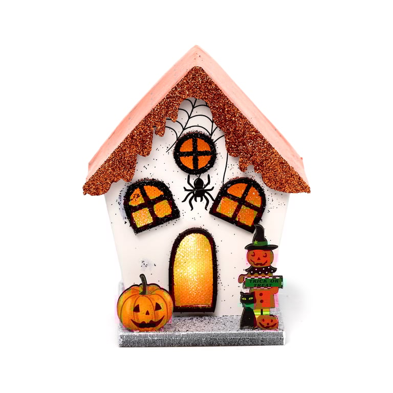LED Halloween Decoration - Spooky Spider Pumpkin House with Biodegradable Glitter and LR44 Battery Operation