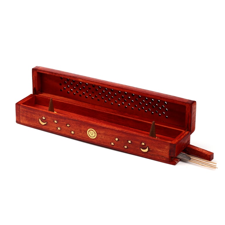 Mango Wood Incense Holder with Sun and Stars Design