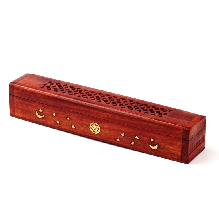 Mango Wood Incense Holder with Sun and Stars Design