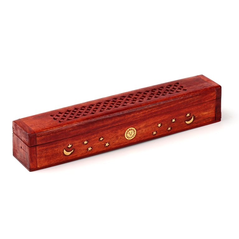 Mango Wood Incense Holder with Sun and Stars Design