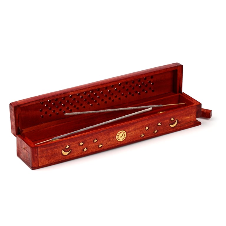 Mango Wood Incense Holder with Sun and Stars Design