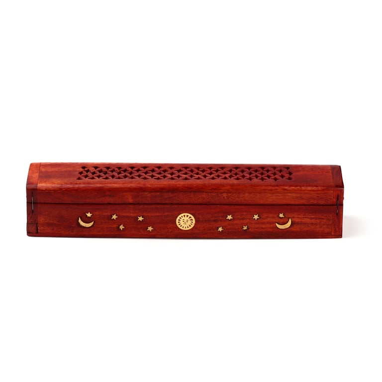 Mango Wood Incense Holder with Sun and Stars Design