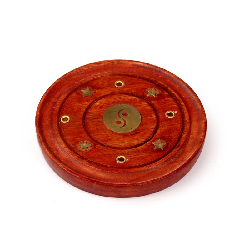 Decorative Mango Wood Round Yin Yang Incense Ashcatcher Holder Stand