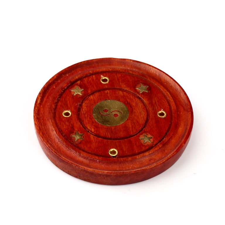 Decorative Mango Wood Round Yin Yang Incense Ashcatcher Holder Stand