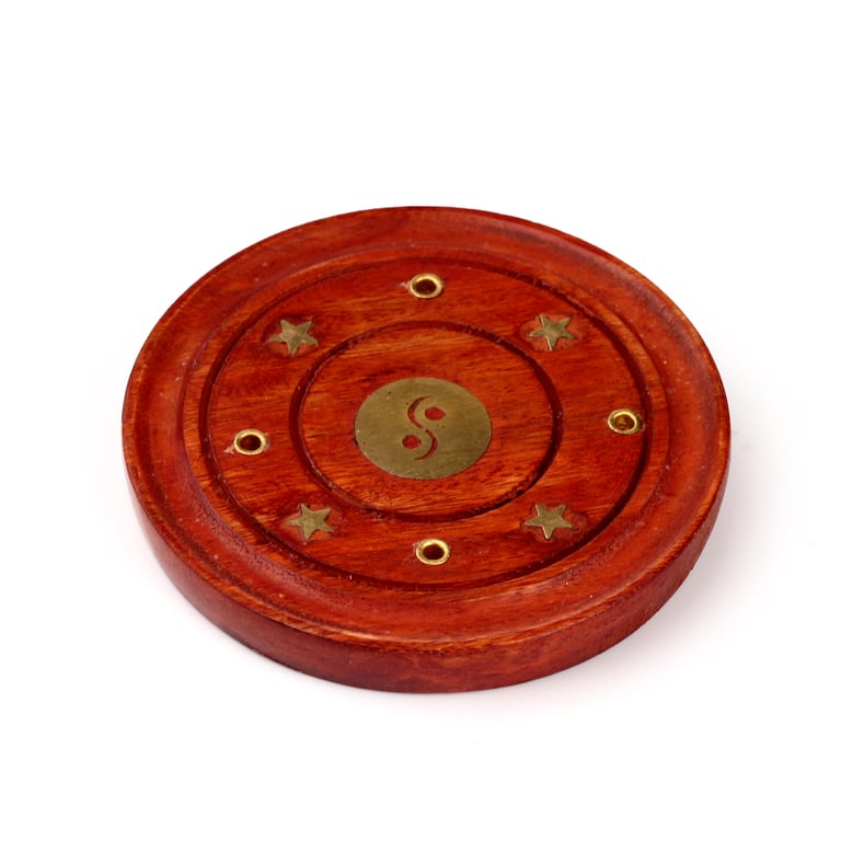 Decorative Mango Wood Round Yin Yang Incense Ashcatcher Holder Stand