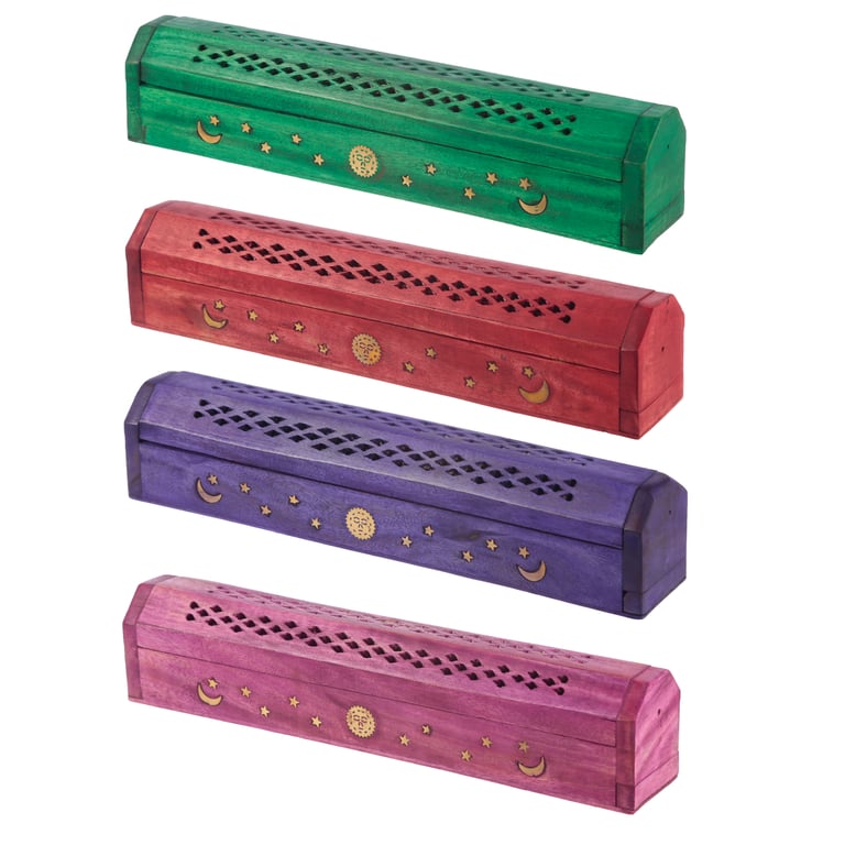 Wooden Incense Burner Box - Sun and Moon Design with Wood and Metal Construction