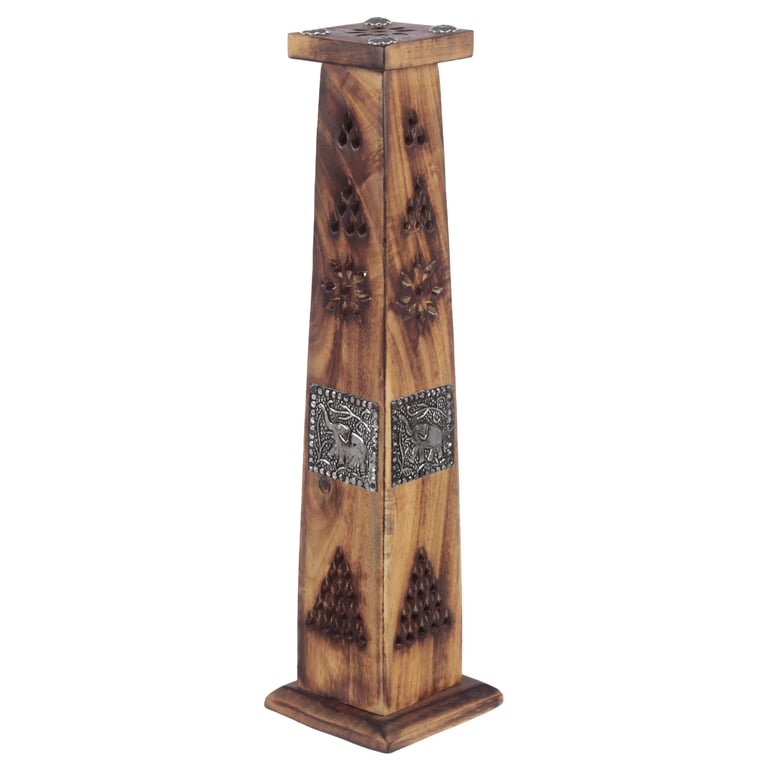 Wooden Incense Burner Box - Elephant Inlay Wood and Metal Tower Holder
