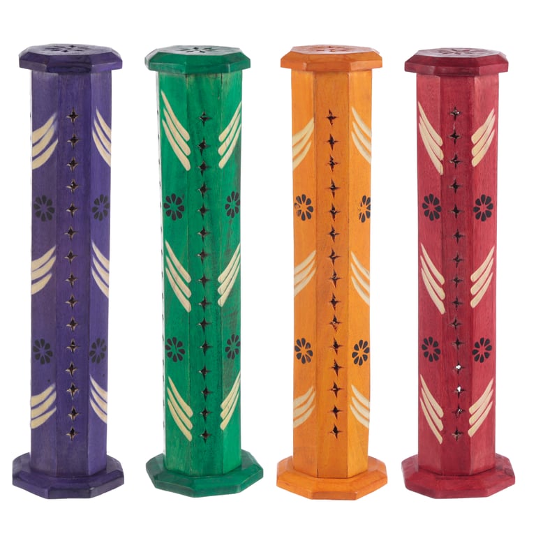 Decorative Flower Fretwork Wooden Incense Burner Box - Wood and Metal Tower Holder for Sticks and Cones