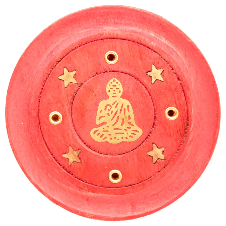 Wooden Buddha Red Incense Burner with Metal Ash Catcher Stand