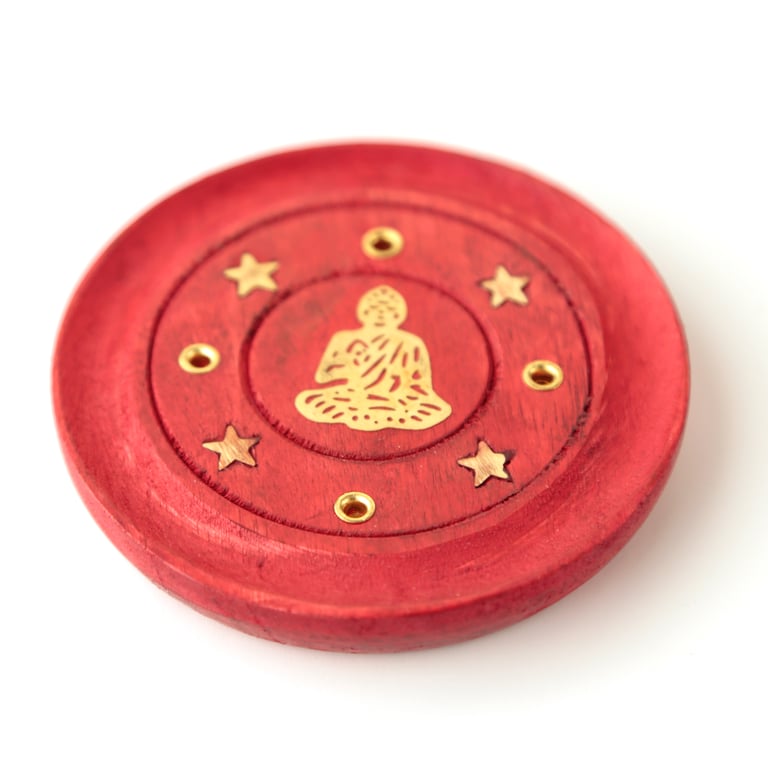 Wooden Buddha Red Incense Burner with Metal Ash Catcher Stand