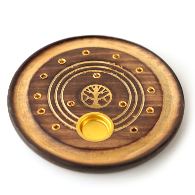Wooden Tree of Life Incense Burner & Ash Catcher - Round Wood Incense Holder Stand