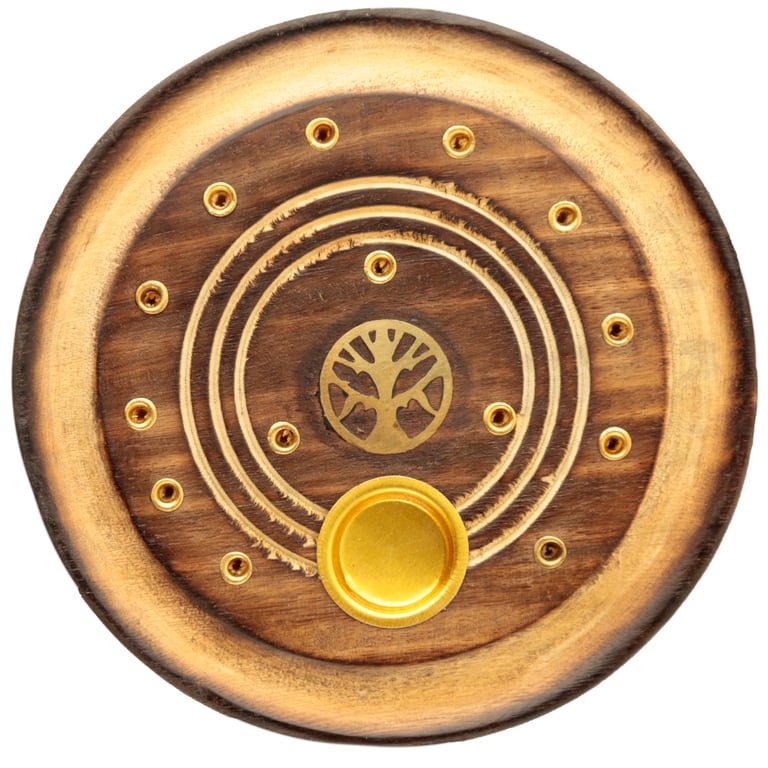 Wooden Tree of Life Incense Burner & Ash Catcher - Round Wood Incense Holder Stand
