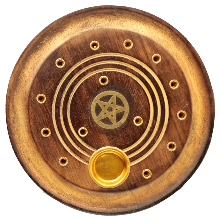 Decorative Round Pentagram Wooden Incense Burner with Ash Catcher and Metal Stand