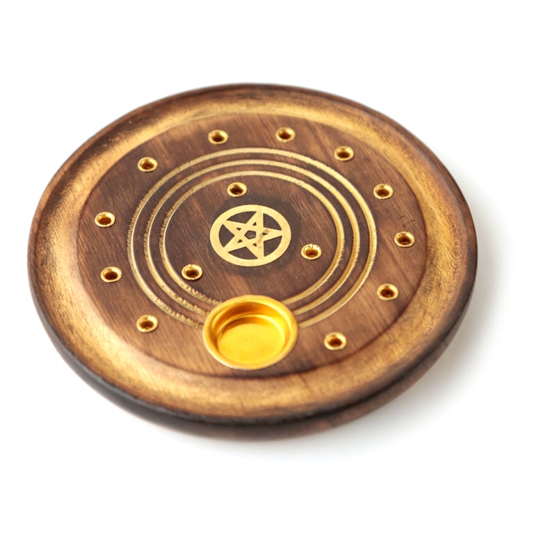 Decorative Round Pentagram Wooden Incense Burner with Ash Catcher and Metal Stand
