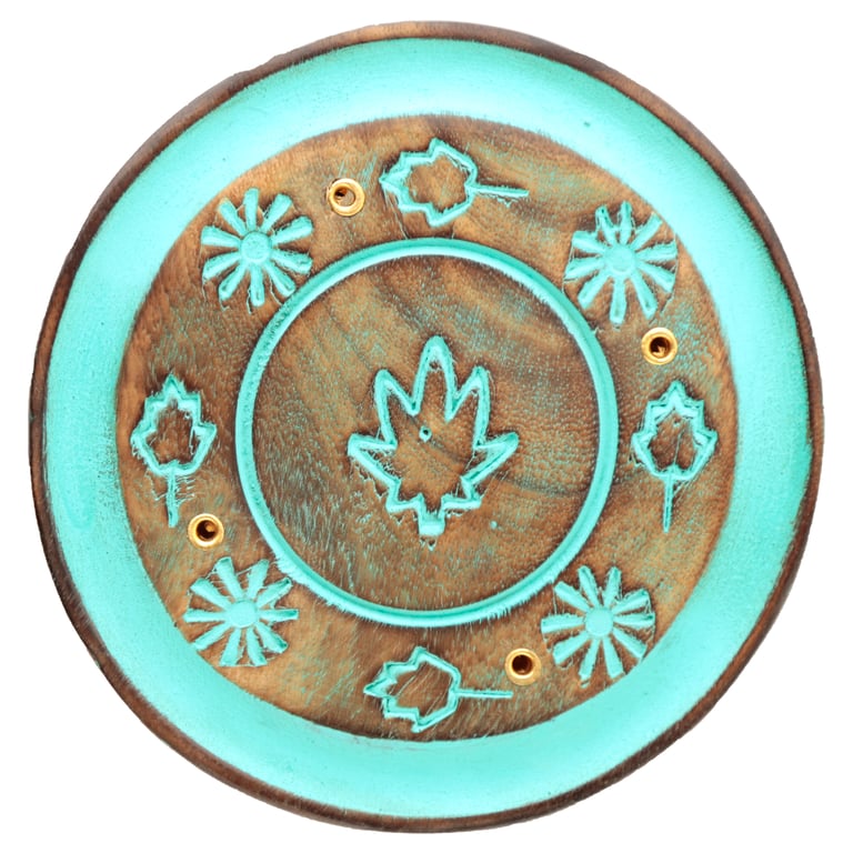 Decorative Round Painted Leaf Wooden Incense Burner Ash Catcher with Metal Stand